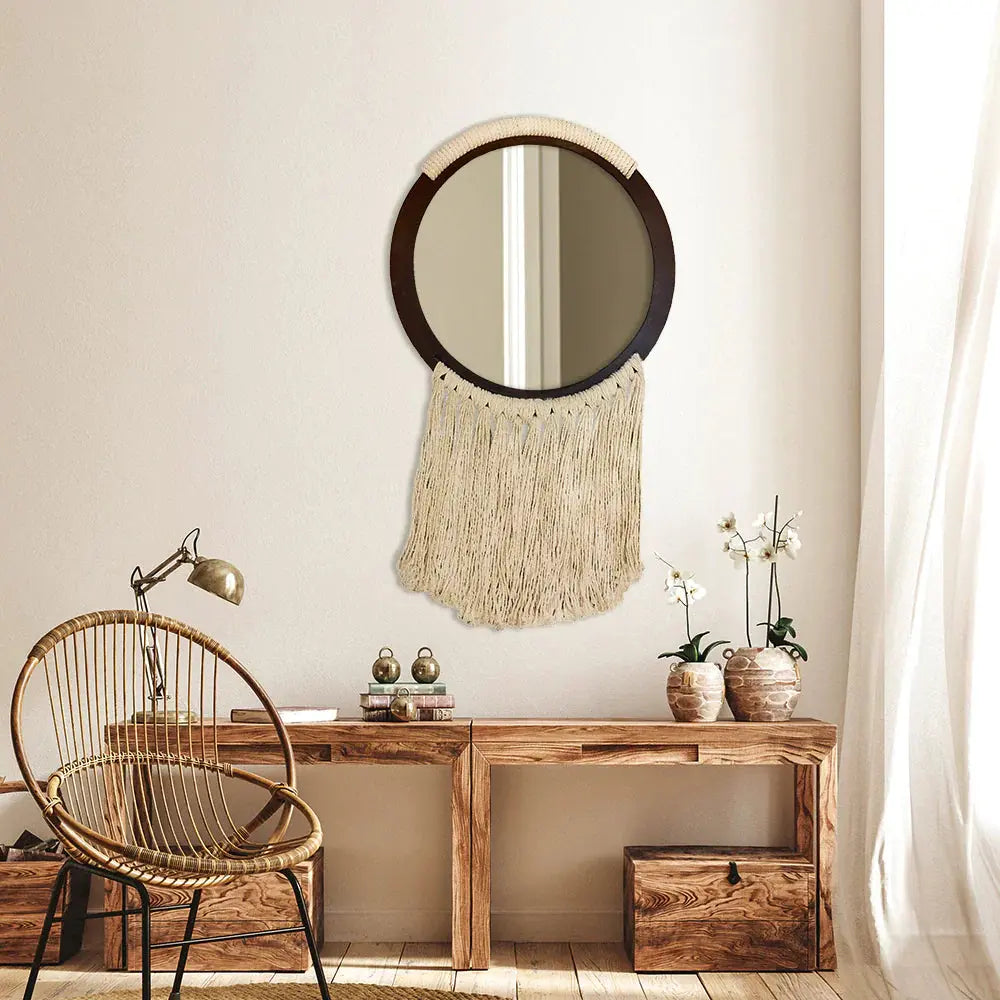 Specchio da Parete con Macramé Bohemien - Frangia in Cotone Fatto a Mano 40 cm