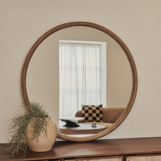 Amora - Specchio da Parete Rotondo Grande in Legno Caldo 100cm x 100cm