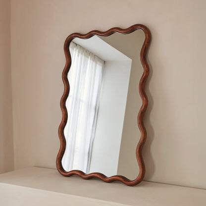 Marea - Miroir Mural Rétro Ondulé en Bois Foncé 100cm x 70cm
