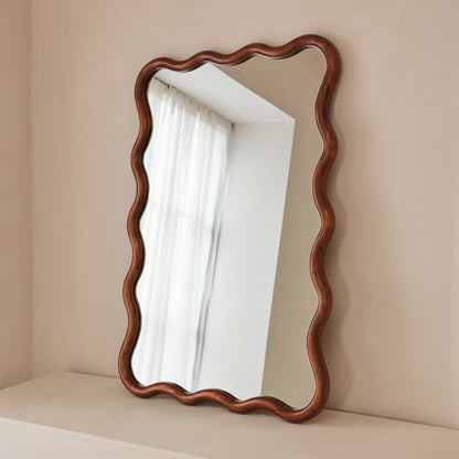 Marea - Miroir Mural Rétro Ondulé en Bois Foncé 100cm x 70cm