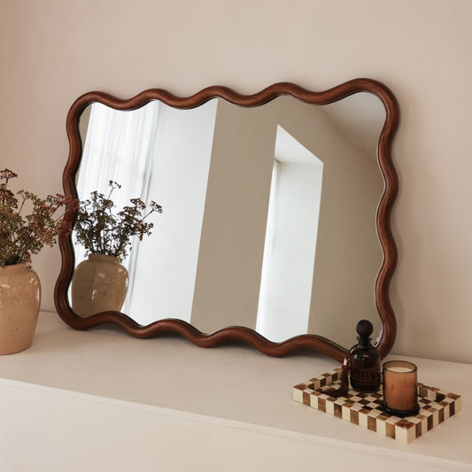 Marea - Specchio da Parete Retro Ondulato in Legno Scuro 100cm x 70cm