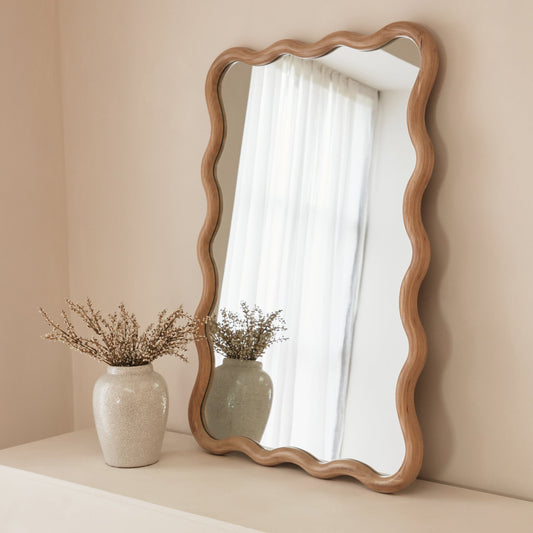 Marea - Specchio da Parete Retro Ondulato in Legno Chiaro 100cm x 70cm