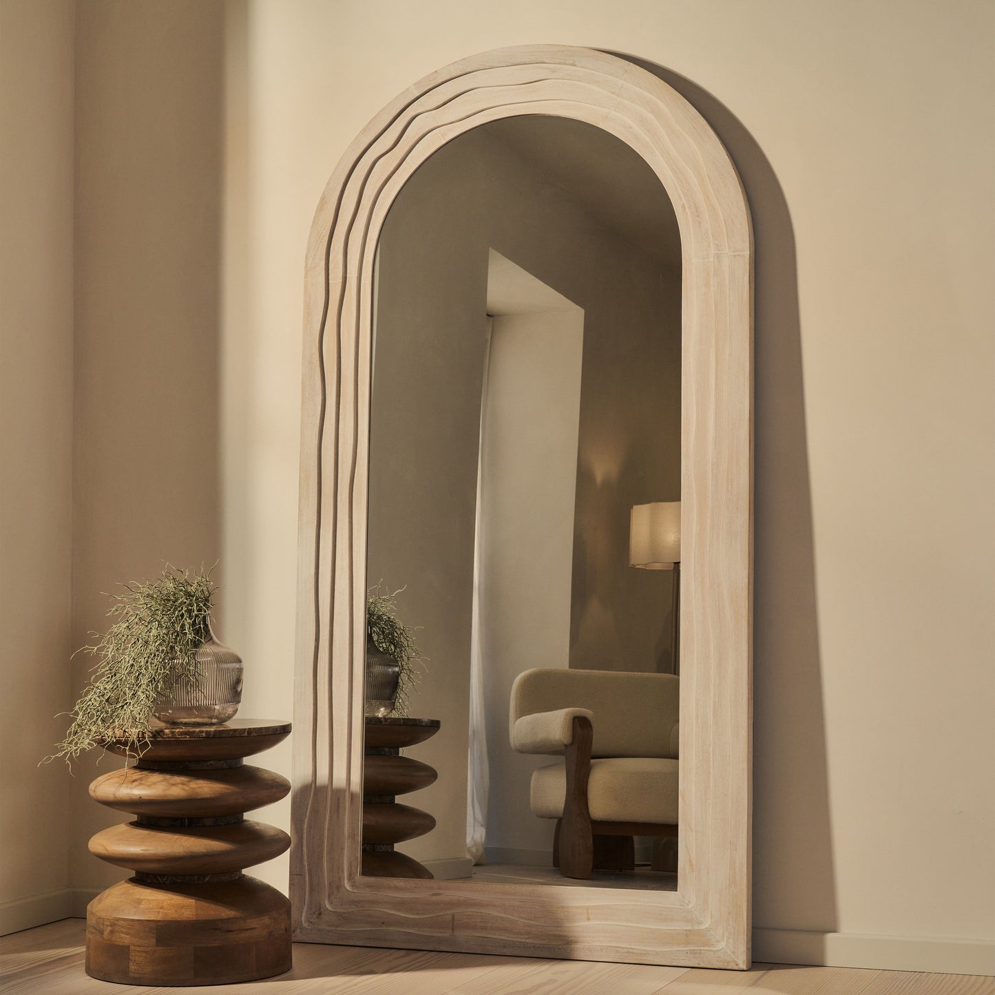 Lucelle - Specchio ad Arco Grande a Figura Intera in Legno Lavato Bianco 200cm x 100cm