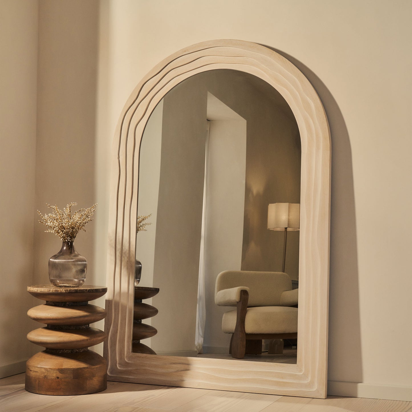 Lucelle - Grande Specchio ad Arco Full Length in Legno Decapato Bianco 180cm x 120cm