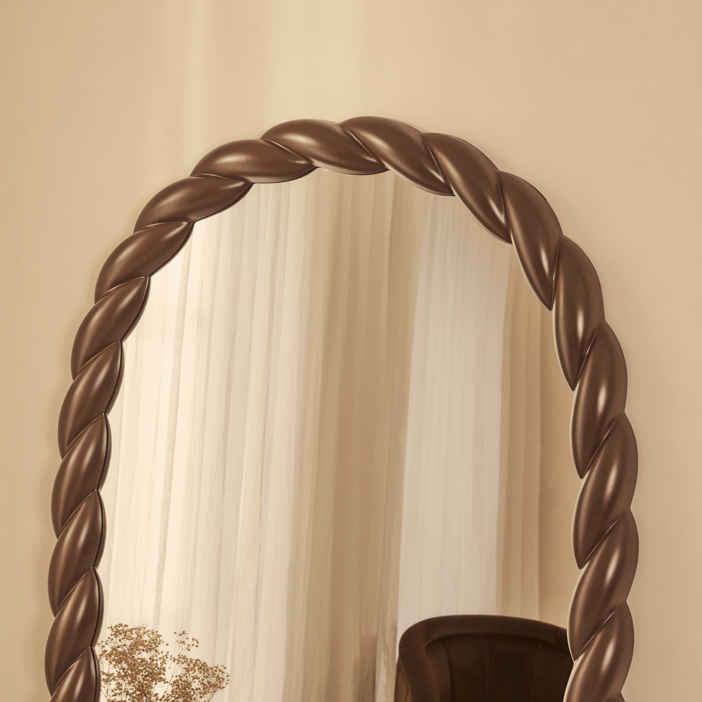 Ophelia - Specchio Grande ad Arco con Corda Intrecciata Finitura Cioccolato Lucido 180cm x 105cm