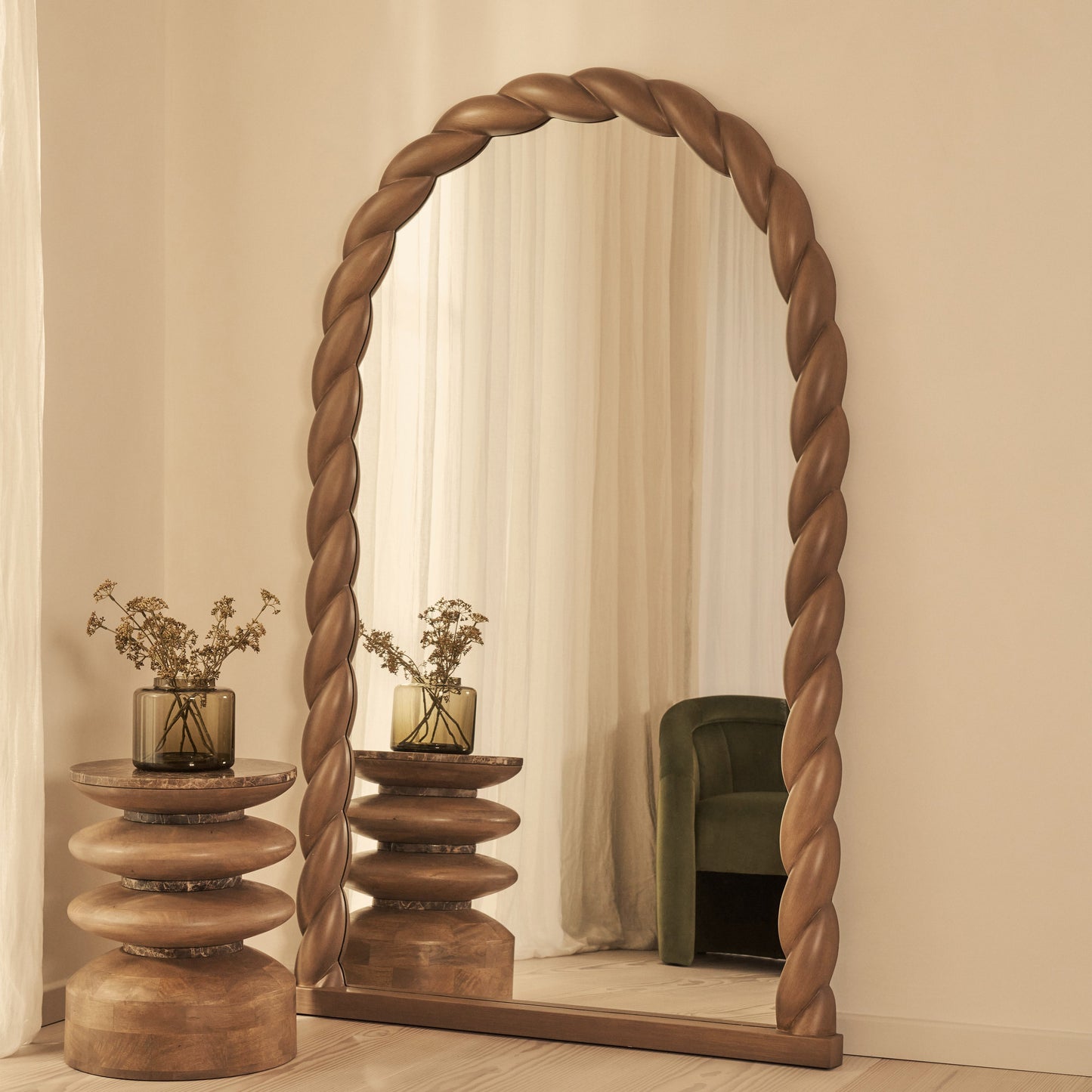Ophelia - Specchio Grande ad Arco Lunghezza Intera con Intreccio a Corda in Legno Caldo 180cm x 105cm