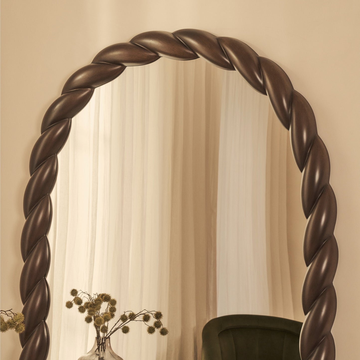 Ophelia - Specchio Grande ad Arco con Intreccio a Corda in Legno Scuro 180cm x 105cm