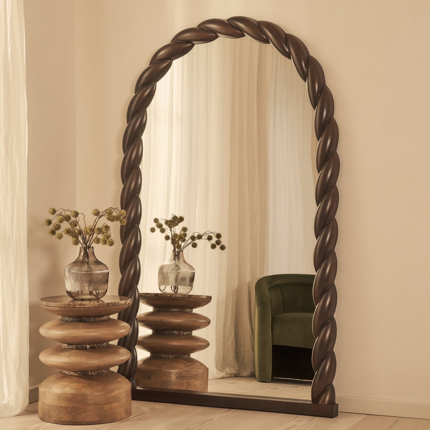 Ophelia - Specchio Grande ad Arco con Intreccio a Corda in Legno Scuro 180cm x 105cm