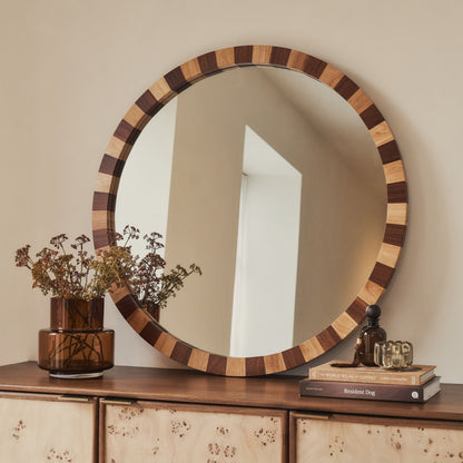 Tessera - Specchio Circolare in Legno a Scacchi Legno Scuro e Legno Chiaro 90cm x 90cm