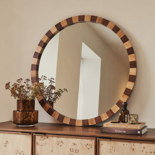 Tessera - Specchio Circolare in Legno a Scacchi Legno Scuro e Legno Chiaro 90cm x 90cm