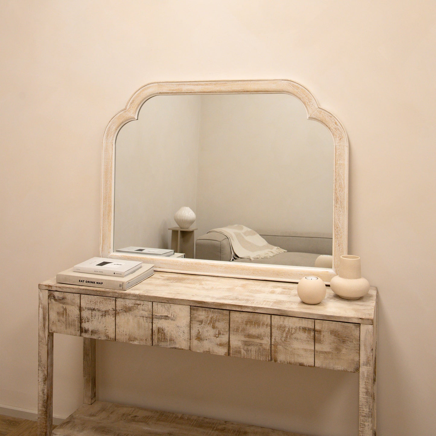 Elena - Specchio ad Arco in Legno Lavato Bianco 100cm x 75cm