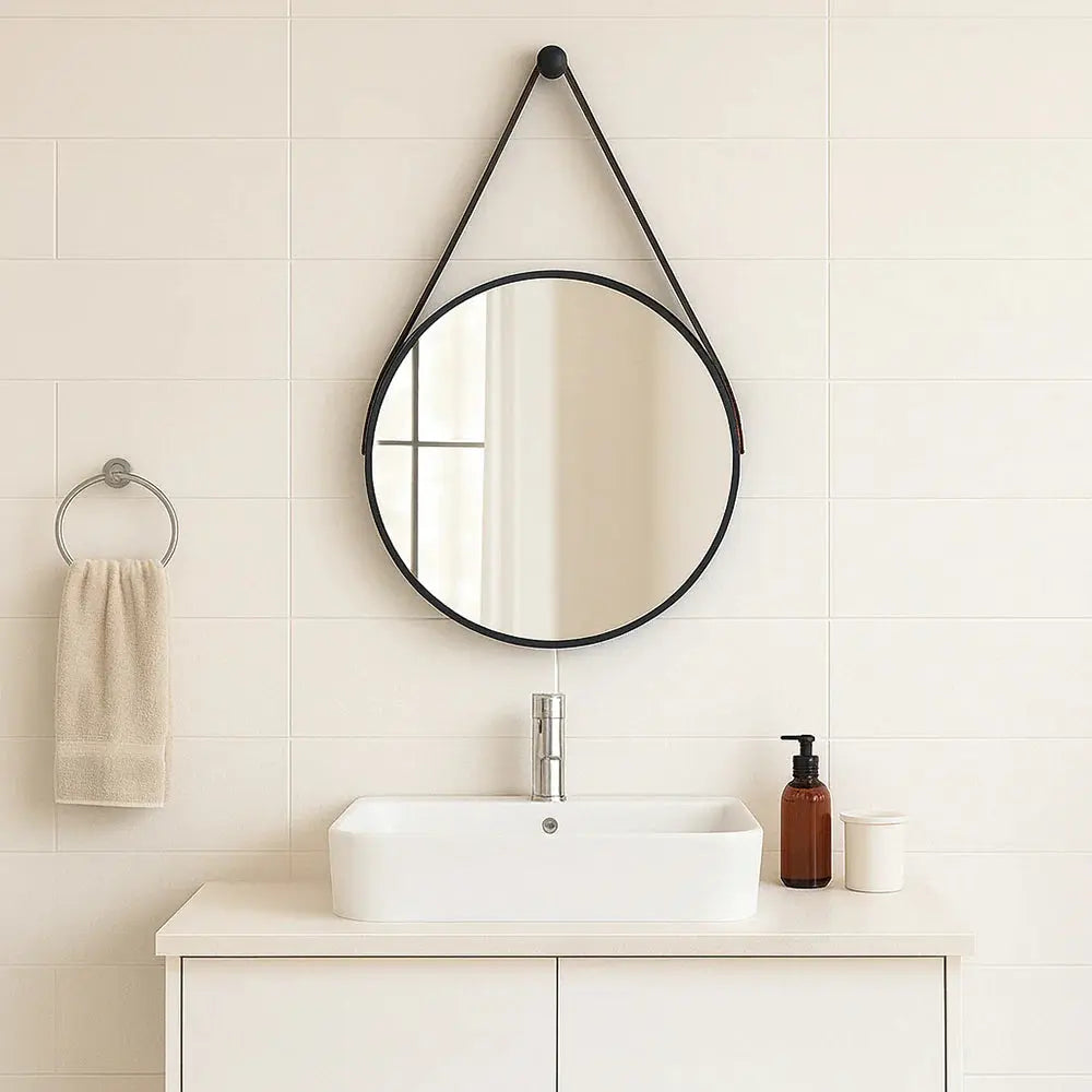 Specchio Rotondo Adnet con Cinturino in Pelle Premium - Decorazione Murale Moderna